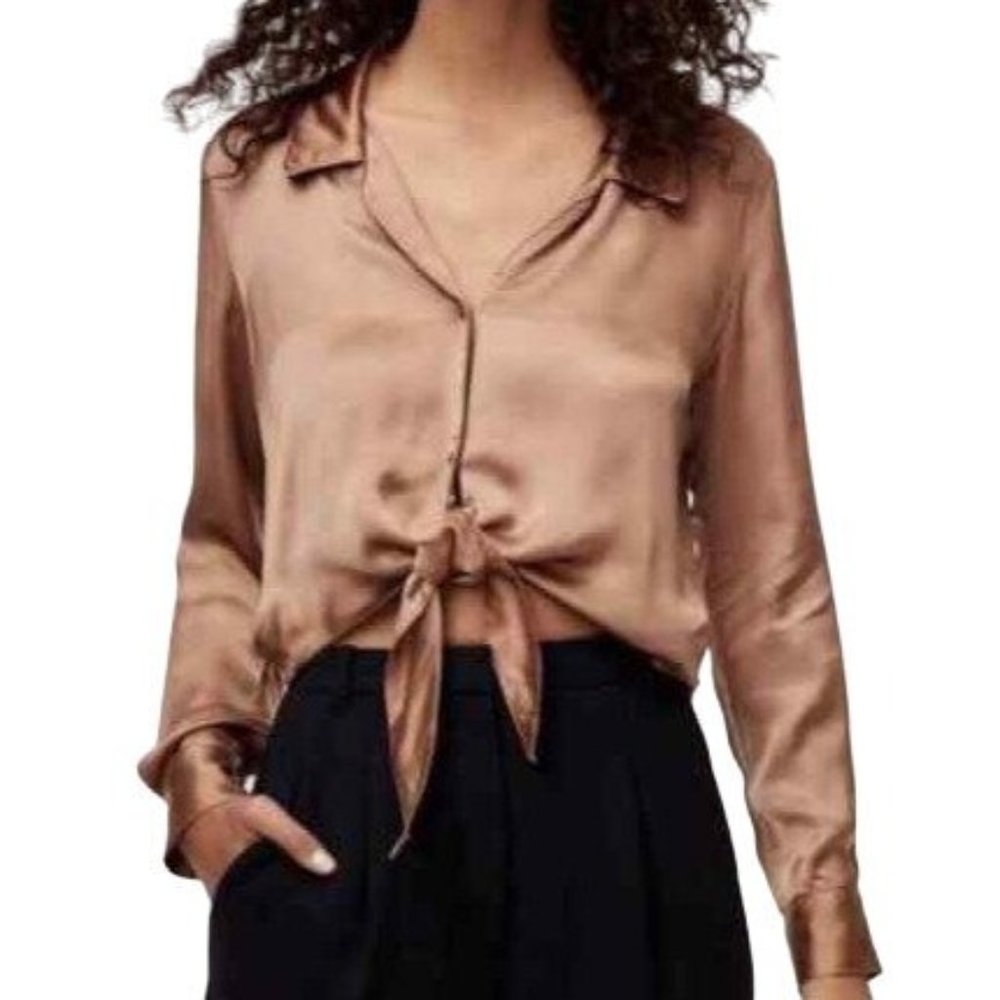 Wilfred Aritzia Gold Shimmer Tan Button Up Top Blouse Tie Cognac 2XS Cupro - Picture 1 of 16
